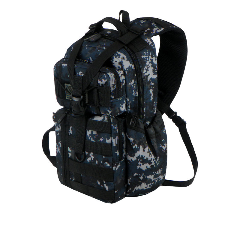 Waterproof camo EastWest U.S.A RT525 traveling bag with adjustable mesh strap and MOLLE system.