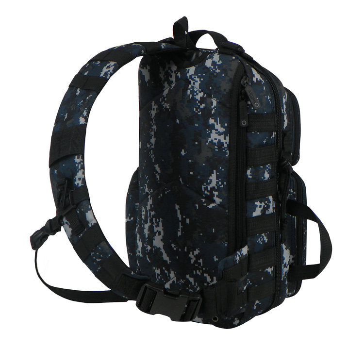 EastWest U.S.A RT525 waterproof traveling bag with adjustable mesh padded strap and MOLLE system, shown in digital camo pattern.