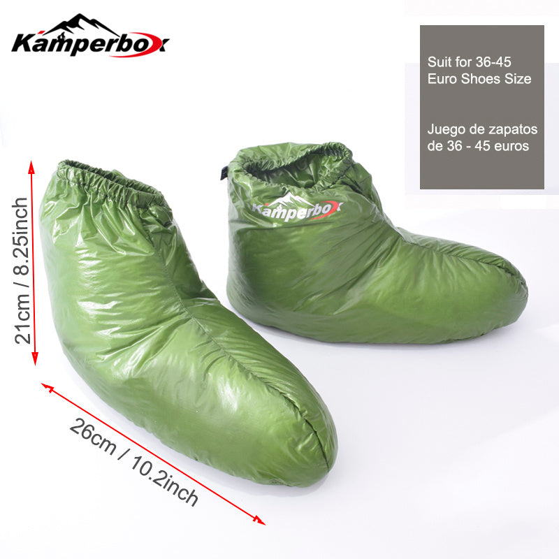 Green Kamperbox Down Socks for sleeping bag, open size 21x26 cm, suitable for Euro shoe size 36-45.