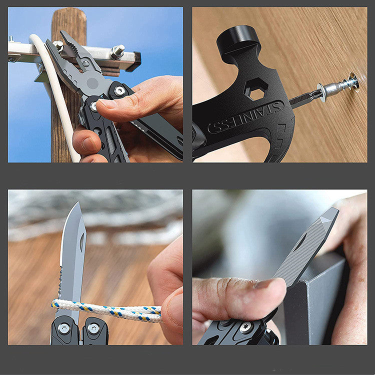 Multi-functional camping tool with pliers, hammer, knife, and screwdriver in outdoor settings.