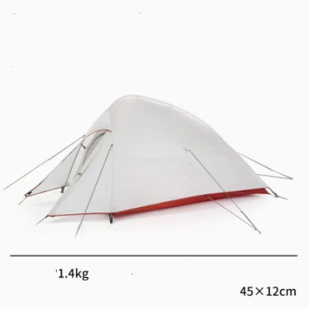 Portable light rain proof tent for 1 to 3 persons with dimensions 45 x 12 cm and weight 1.4 kg, perfect for camping and outdoor activities.