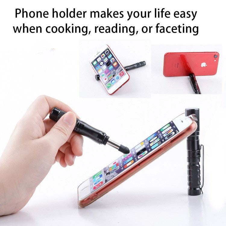 Tactical pen used as phone holder for convenient cooking, reading, or video calling, showcasing multifunctional EDC design.