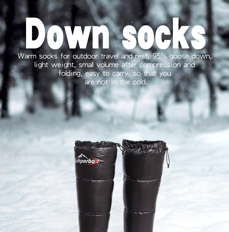 Kamperbox long down socks boots for outdoor and indoor warmth in winter.