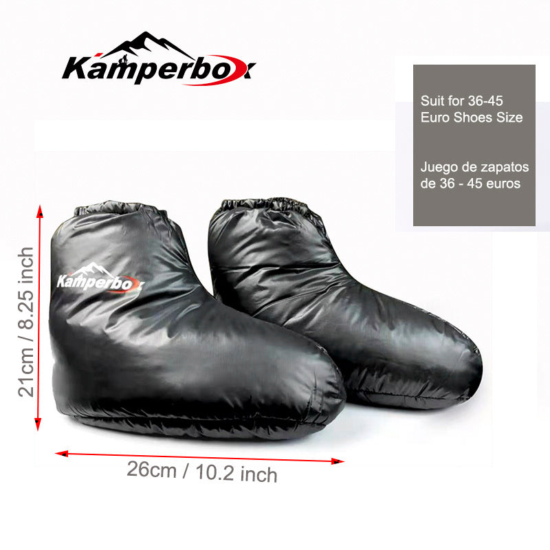 Kamperbox Down Socks, black, for sleeping bags, Euro size 36-45, durable 20D nylon, ultra-lightweight, dimensions 21x26 cm.