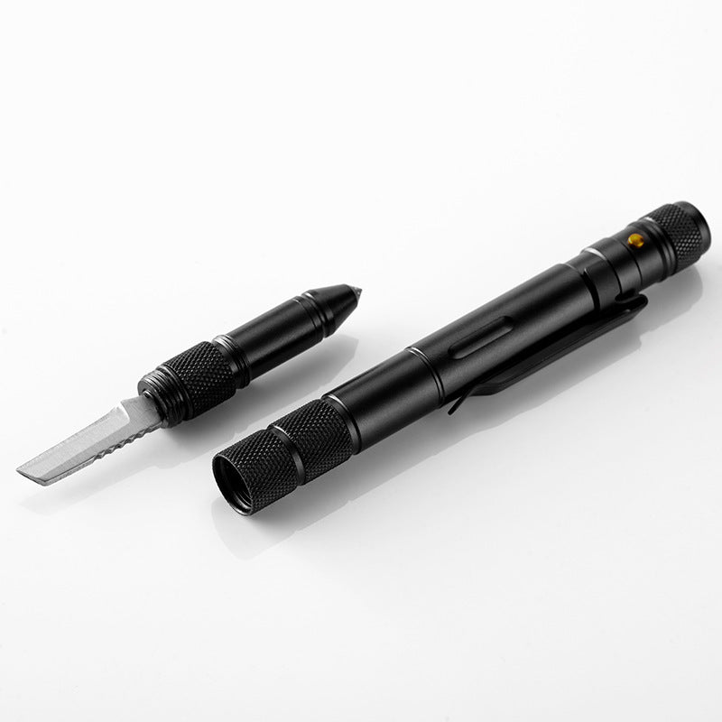 EDC self-defense tactical pen with tungsten steel head and aluminum alloy body, featuring writing, cutting, and lighting functions.