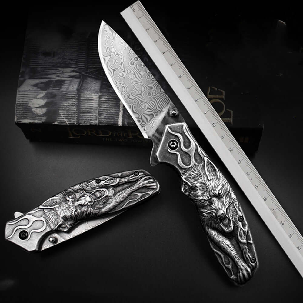 Damascus Knife | Folding | with Intricate Wolf Handle and Ruler