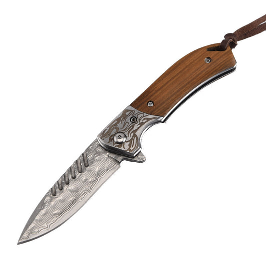 Damascus Steel Folding Knife | Wooden Handle