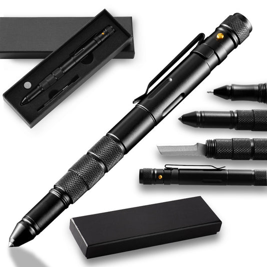 EDC self-defense tactical pen with tungsten steel head, aluminum alloy body, and multi-tool features, shown with packaging.