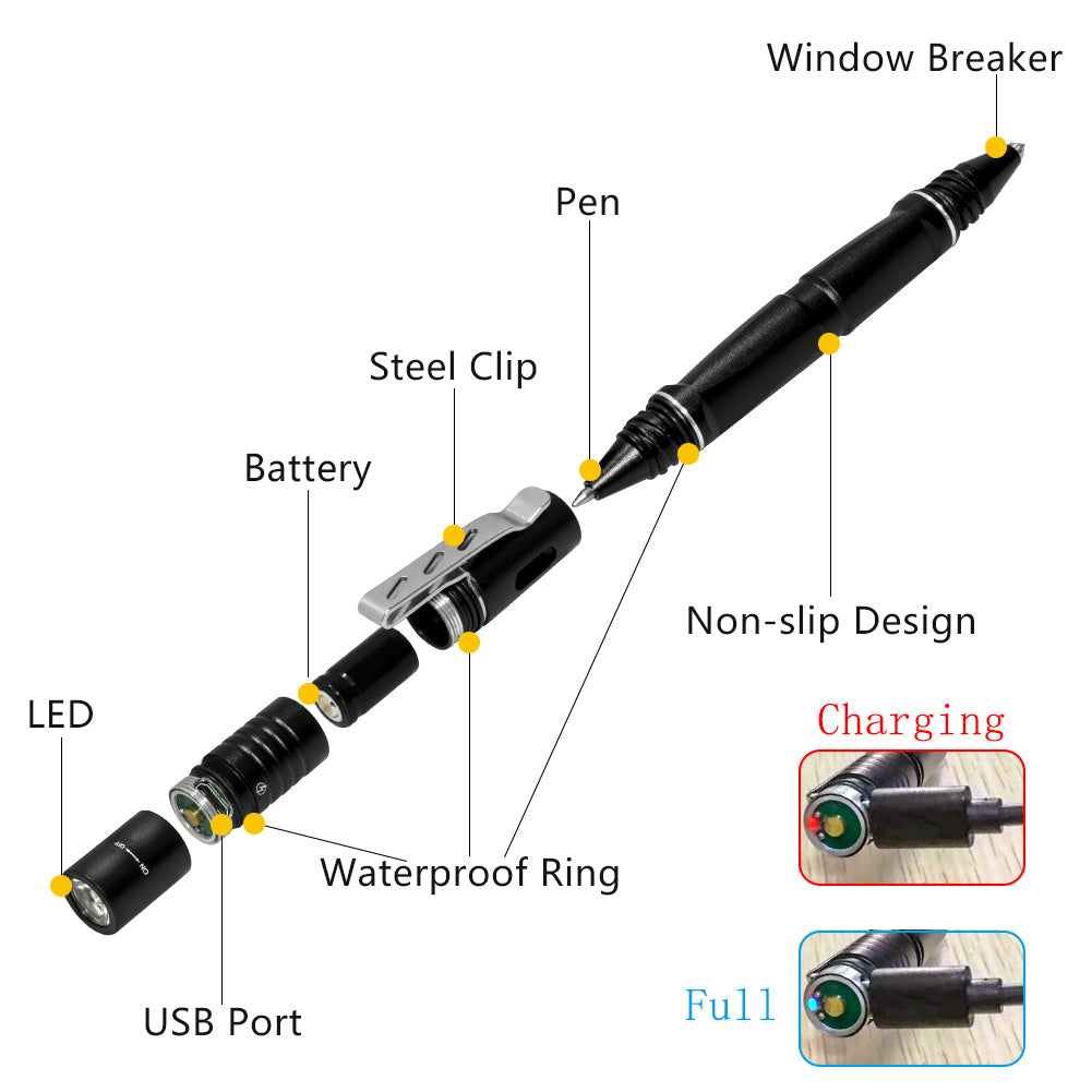 Exploded view of multifunctional tactical pen features USB charging, LED light, tungsten steel window breaker, and steel clip design.