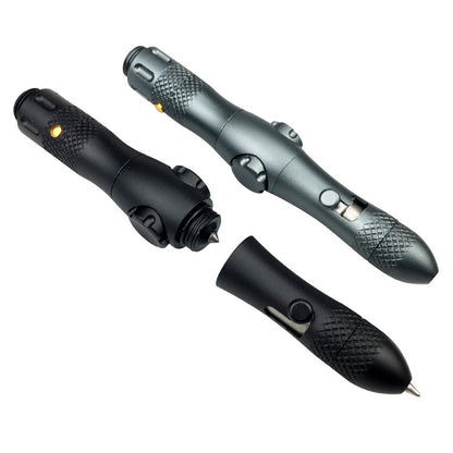 EDC tactical pen in black and grey aluminum, multifunctional with fingertip gyro and LED light, shown disassembled.