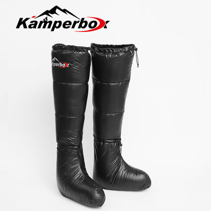 Black Kamperbox down socks long boots for winter warmth.