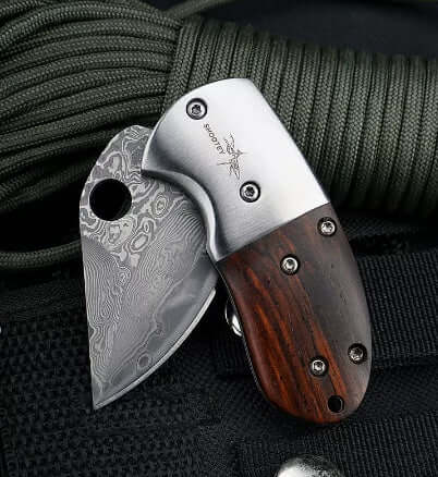 Mini Damascus Steel Folding Knife with CNC Water Grinding and Red Sandalwood Handle