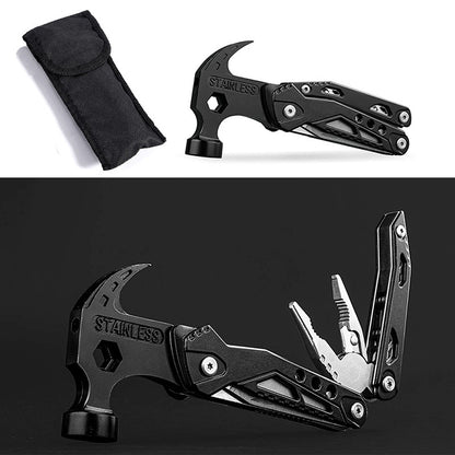 Multi-functional camping claw hammer and folding pliers made of 2cr13 stainless steel with blackened surface and precision stamping.