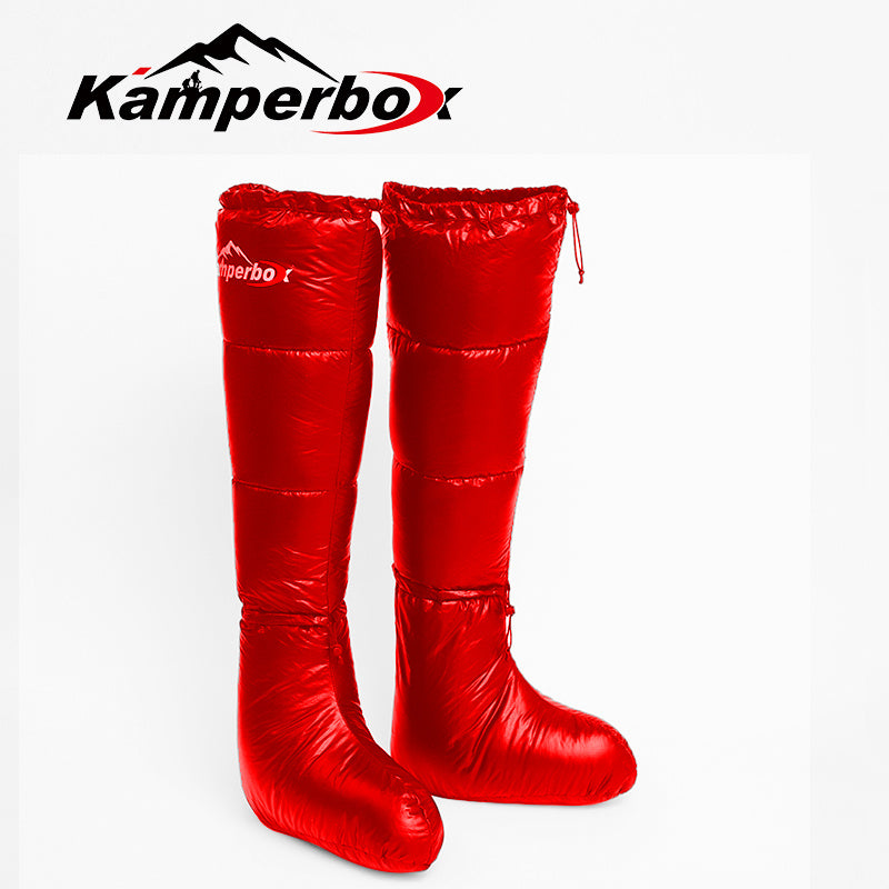 Red Kamperbox long down socks boots for winter warmth.