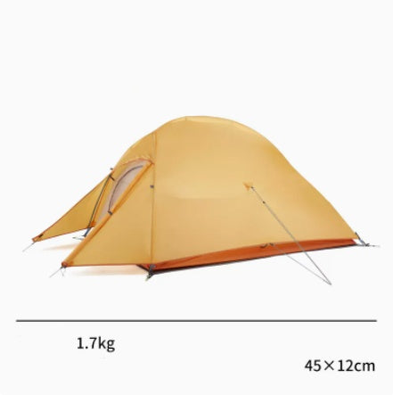 Portable light rain proof tent for 1 to 3 persons, double structure, waterproof with aluminum alloy support, in orange color.