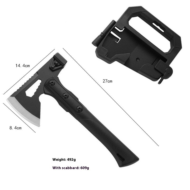 Multifunctional Tactical Axe with Sheath for Camping, Stainless Steel Head and ABS Handle, 40x15cm Size, Outdoor Survival Tool with Specifications