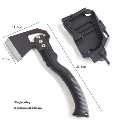 Multifunctional tactical axe with black handle and sheath, featuring measurements and weight details, ideal for camping and outdoor use