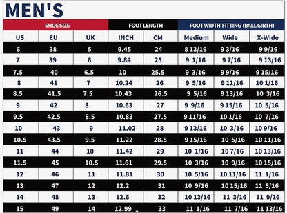 Steel Toe Hiking Boots sizes chart